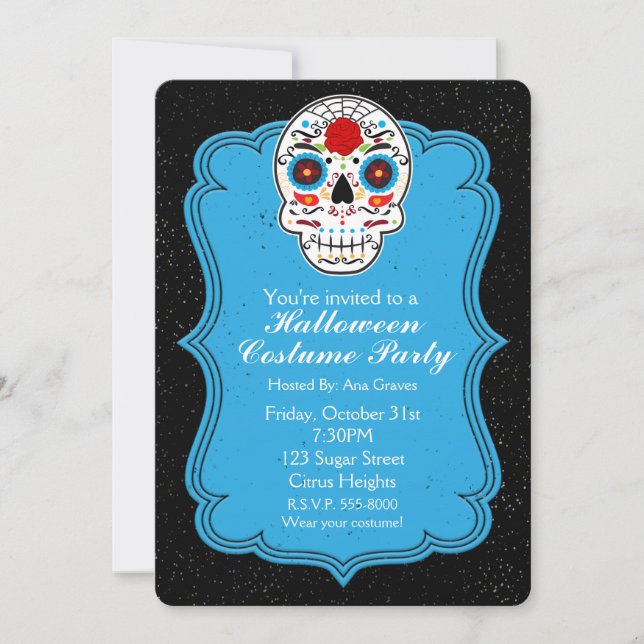 Colorful Sugar Skull & Blue Party Invitation (Front)