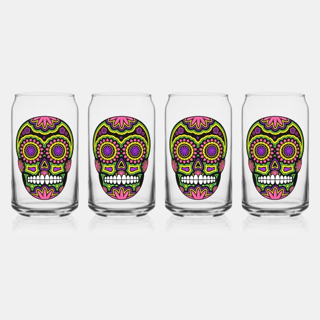 Colorful Sugar Skull Can Glass (Front)