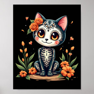 Colorful Sugar Skull Cat Mexican Halloween Poster