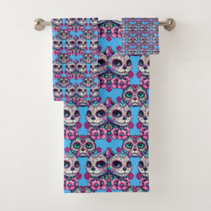 Colorful Sugar Skull Cat Pattern Bath Towel Set