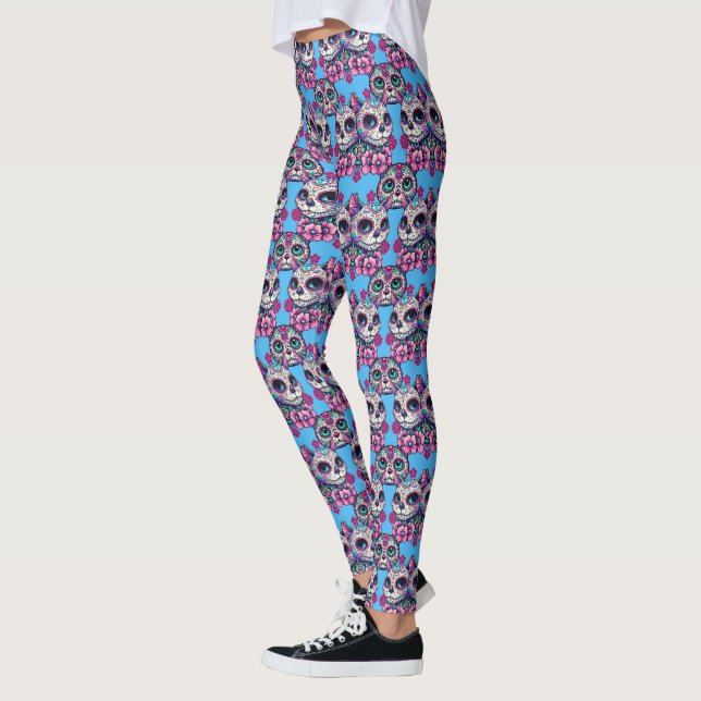 Colorful Sugar Skull Cat Pattern Leggings (Left)
