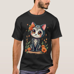 Colorful Sugar Skull Cat Tee Mexican Halloween