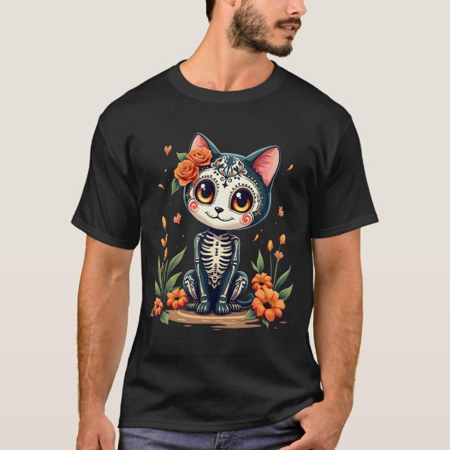 Colorful Sugar Skull Cat Tee Mexican Halloween  (Front)