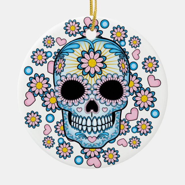Colorful Sugar Skull Ceramic Ornament (Front)