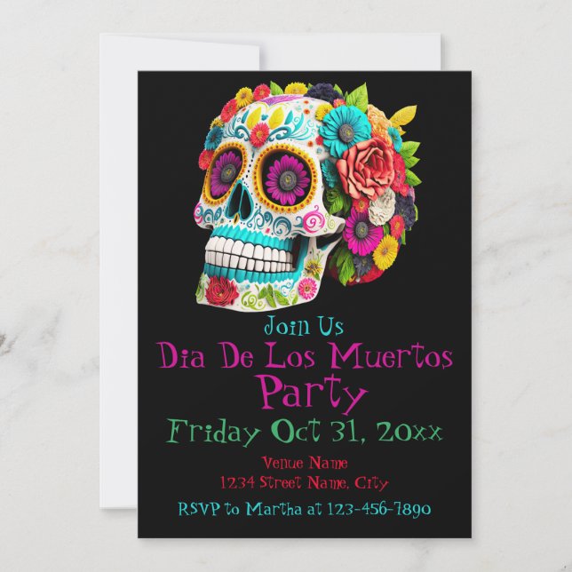 Colorful Sugar Skull Day of the Dead Calaveras Invitation (Front)