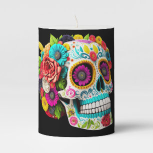 Colorful Sugar Skull Day of the Dead Calaveras Pillar Candle