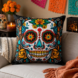 Colorful Sugar Skull Day of the Dead Mexican Folk Throw Pillow