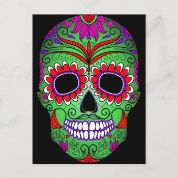 Colorful Sugar Skull Day Of The Dead Postcard by Funky_Skull at Zazzle