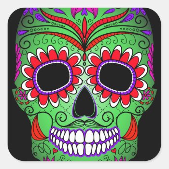 Colorful Sugar Skull Day Of The Dead Square Sticker by Funky_Skull at Zazzle