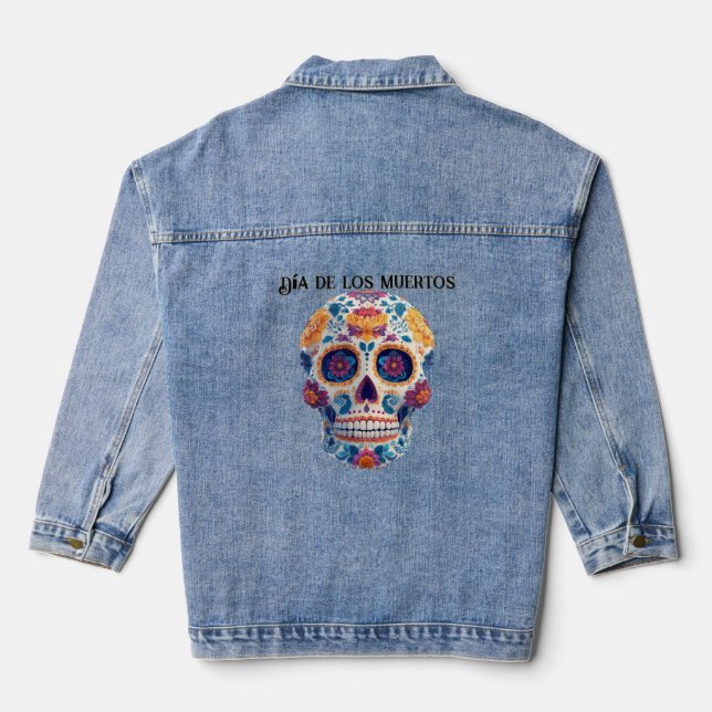 Colorful Sugar Skull Dia de los Muertos Denim Jacket (Back)