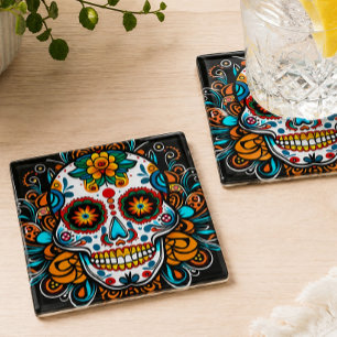 Colorful Sugar Skull Día de los Muertos Glass Coaster