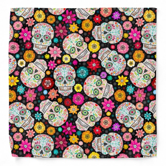 Colorful Sugar Skull Fiesta on Black Bandana (Front)