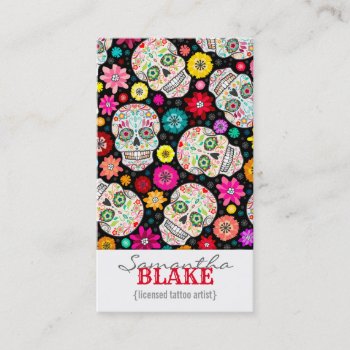 Colorful Sugar Skull Fiesta On Black Business Card by creativetaylor at Zazzle
