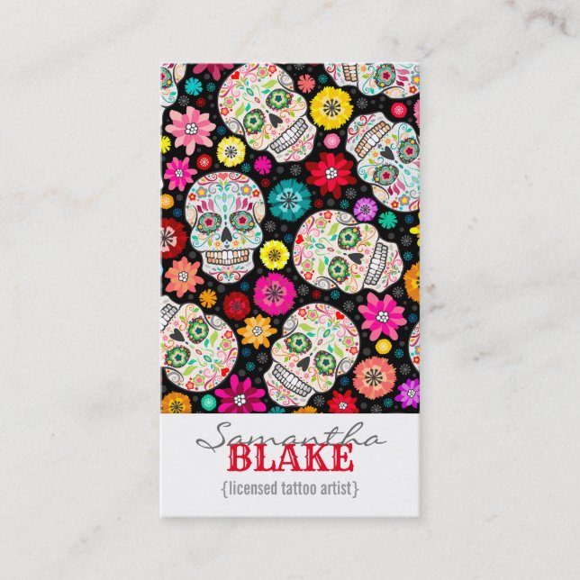 Colorful Sugar Skull Fiesta on Black Business Card (Front)
