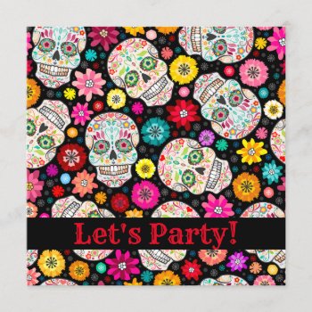 Colorful Sugar Skull Fiesta On Black Party Invite by creativetaylor at Zazzle