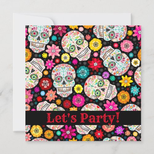 Colorful Sugar Skull Fiesta on Black Party Invite