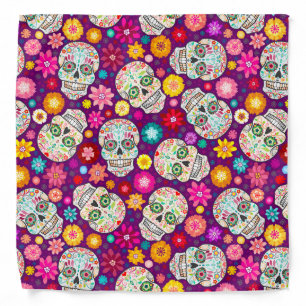 Colorful Sugar Skull Fiesta on Purple Bandana