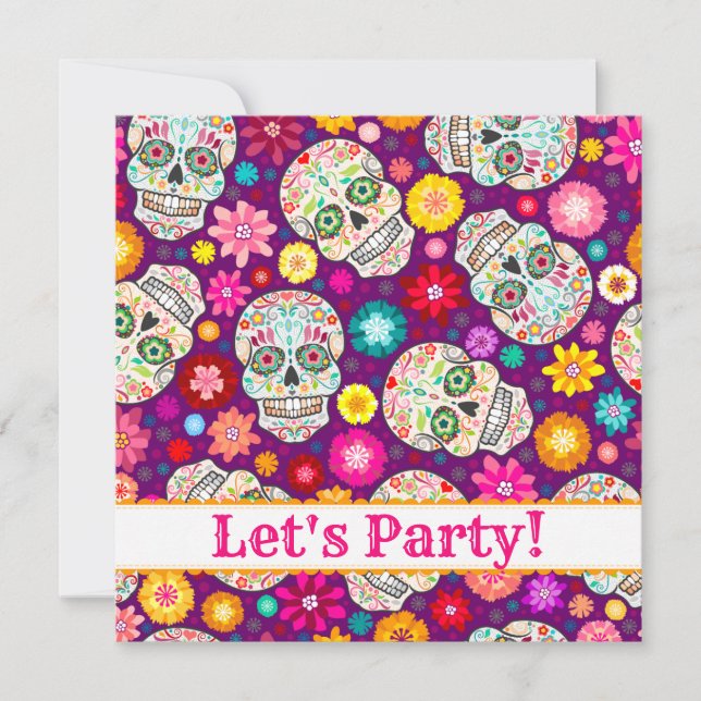 Colorful Sugar Skull Fiesta on Purple Party Invite (Front)