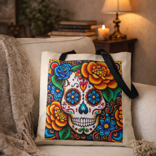 Colorful Sugar Skull Floral Day of the Dead Art  Tote Bag