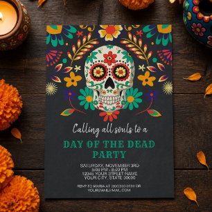 Colorful Sugar Skull Floral Day of the Dead Party Invitation