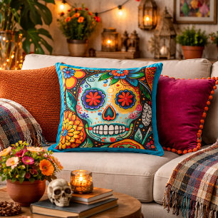 Colorful Sugar Skull Floral Decor Throw Pillow