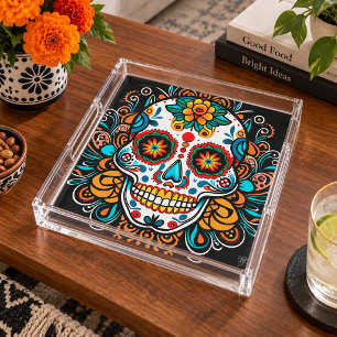 Colorful Sugar Skull Floral Folk Art Design Acrylic Tray