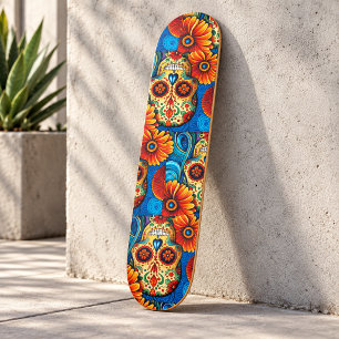 Colorful Sugar Skull Floral Folk Art Skate Style Skateboard