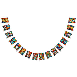 Colorful Sugar Skull Garland with Floral Folk Art Bunting Flags