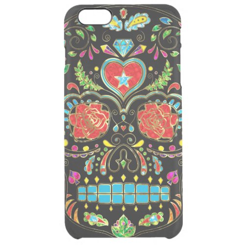 Colorful Sugar Skull Glitter And Gold 2 Clear iPhone 6 Plus Case