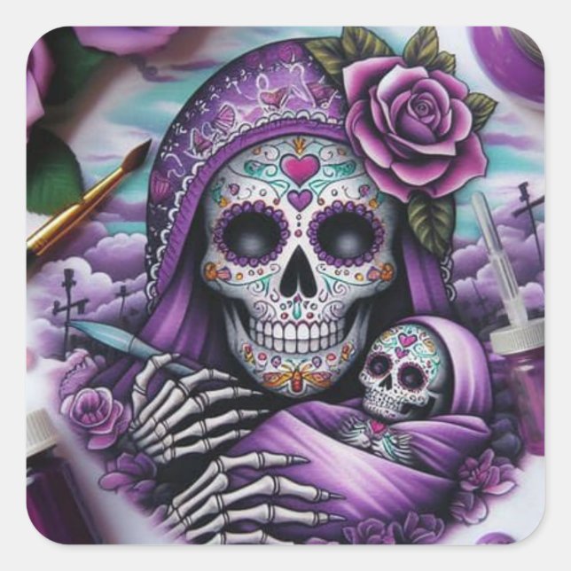 Colorful Sugar Skull Mama and Baby Square Sticker (Front)
