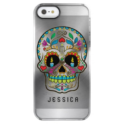 Colorful Sugar Skull Metallic Silver Background 4 Clear iPhone SE55s Case