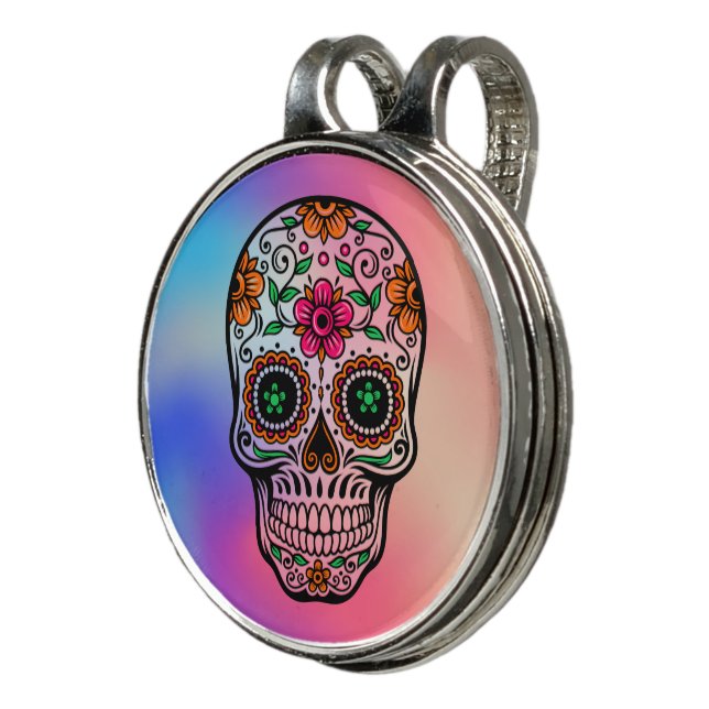 Colorful Sugar Skull On Iridescent Background Golf Hat Clip (3/4)