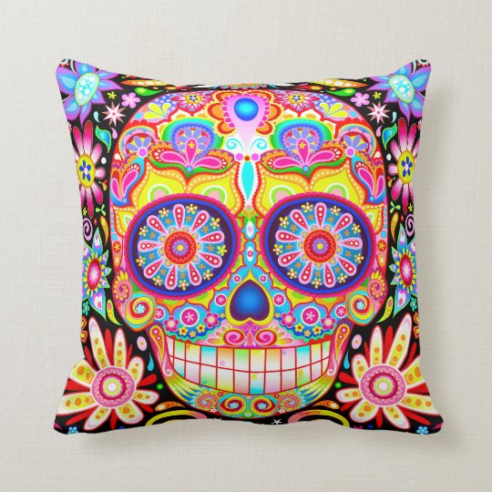 Colorful Sugar Skull Pillow Day Of The Dead Art Zazzle Com