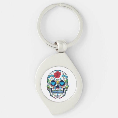Colorful Sugar Skull Red Rose Retro Flowers Keychain