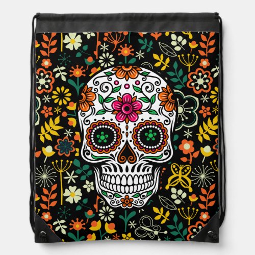 Colorful Sugar Skull  Retro Flowers Pattern Drawstring Bag