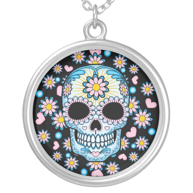 Colorful Sugar Skull Silver Plated Necklace (Front)