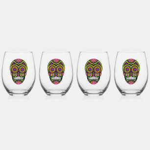 Colorful Sugar Skull Stemless Wine Glass