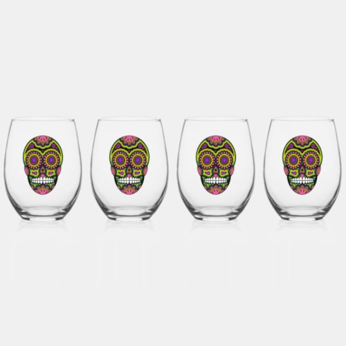 Colorful Sugar Skull Stemless Wine Glass