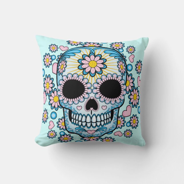 Colorful Sugar Skull Throw Pillow (Front)