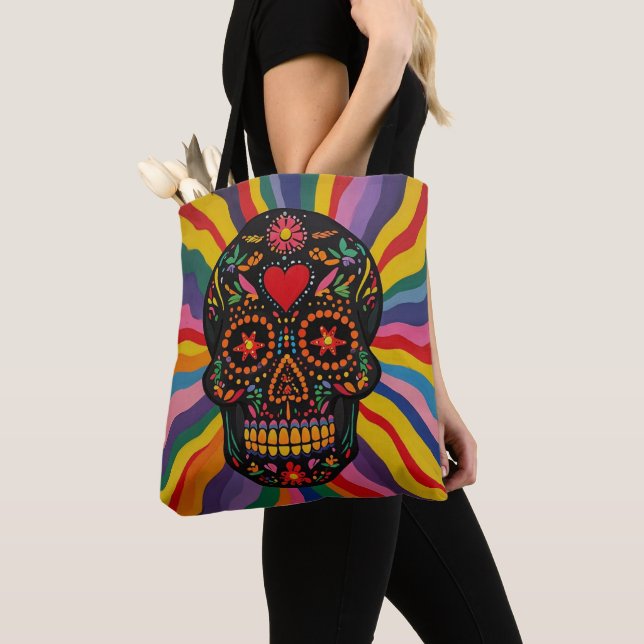 Colorful Sugar Skull Tote Bag with Rainbow Design (Close Up)