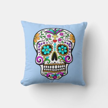 Colorful Sugar Skull With Cross And Flowers Throw Pillow by FalconsEye at Zazzle