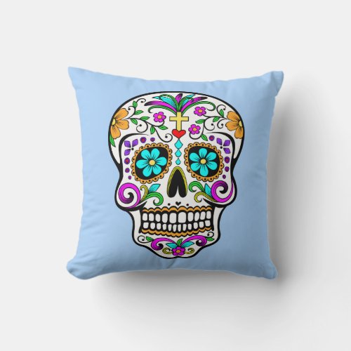 Colorful Sugar Skull with Cross and Flowers Throw Pillow