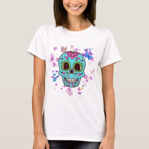 Colorful Sugar Skull with Flowers and Butterflies T_Shirt
