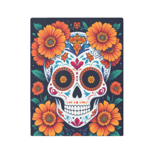Colorful Sugar Skull with Marigolds Metal Print