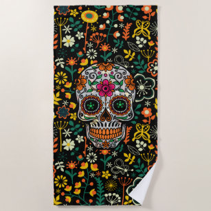 Colorful Sugar Skull With Retro Flowers Background Beach Towel