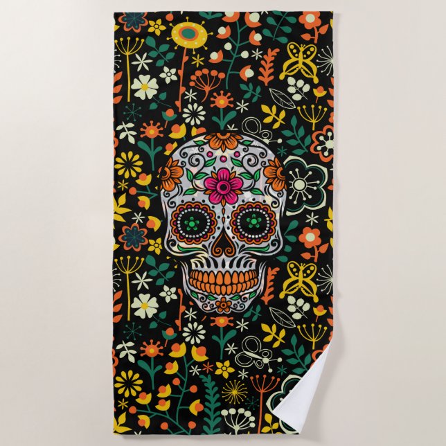 Colorful Sugar Skull With Retro Flowers Background Beach Towel (Front)