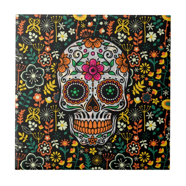 Colorful sugar Skull With Retro Flowers Background Tile (Front)