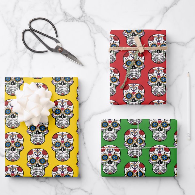 Colorful Sugar Skull Wrapping Paper Sheet Set (Front)