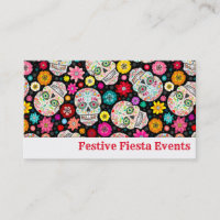 Colorful Sugar Skulls and Flowers Fiesta on Black Business Card