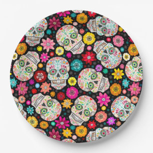 Colorful Sugar Skulls and Flowers Fiesta on Black Paper Plates